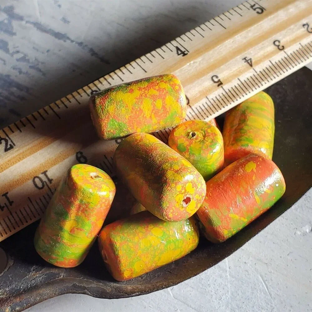 Vintage Japanese Mottled Decoupage Beads Coral Pink Cream Green 22mm Tube 4pcs